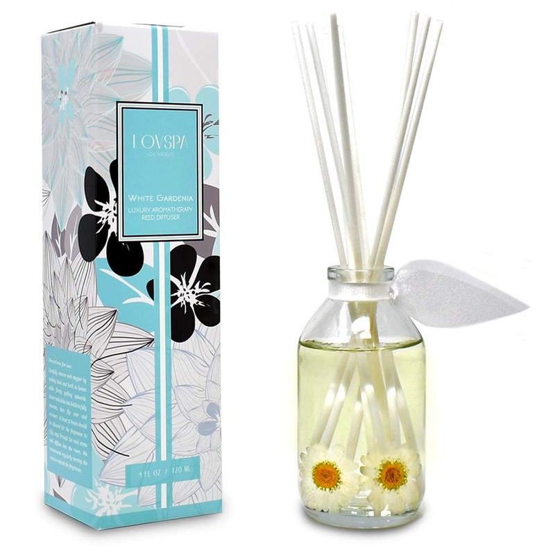 LOVSPA Reed Diffuser Set, White Gardenia Scented Oil Diffuser with Sticks, Home Fragrance Accessories for Bathroom Shelf Decor, Aroma Diffusers for Home or Office Desk, USA Made - Image 1